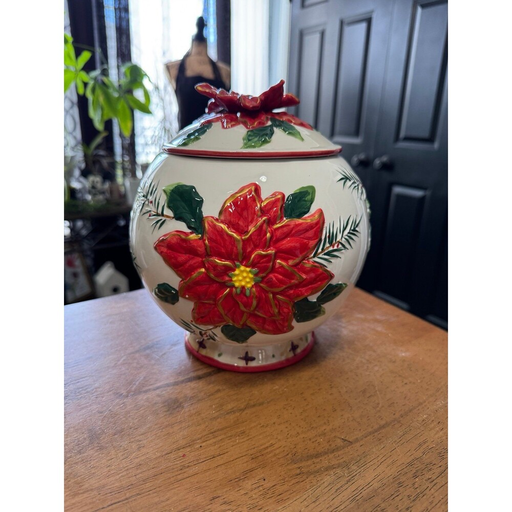 vintage ceramic cookie jar featuring 3D poinsettia flower designs